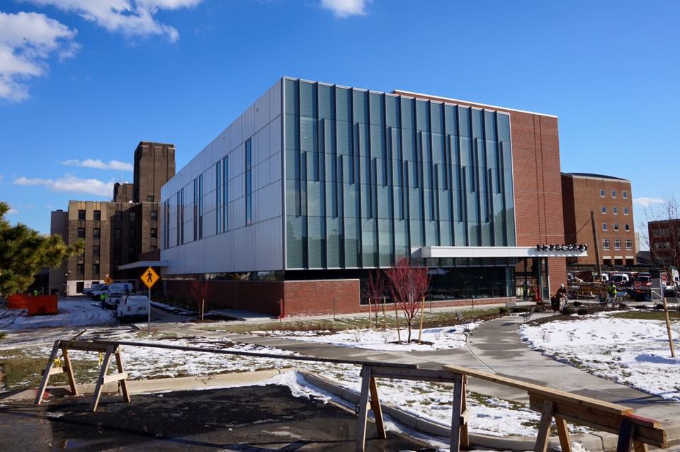 exterior of Johns Hopkins Emergency room on a snowy day