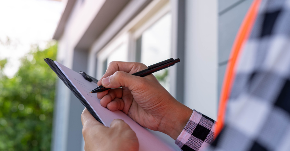A home inspector writing on a checklist